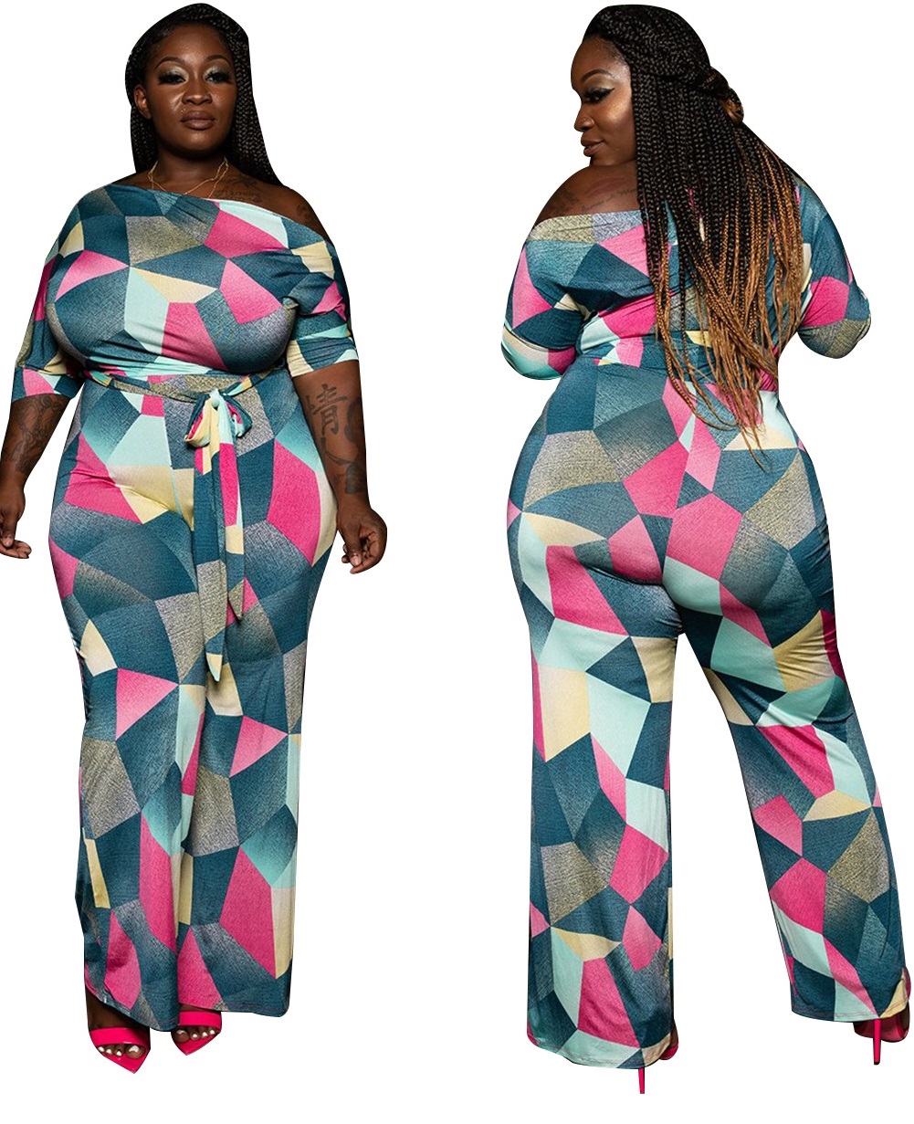 Plus Size Colorful Geommetric Jumpsuit with Belt