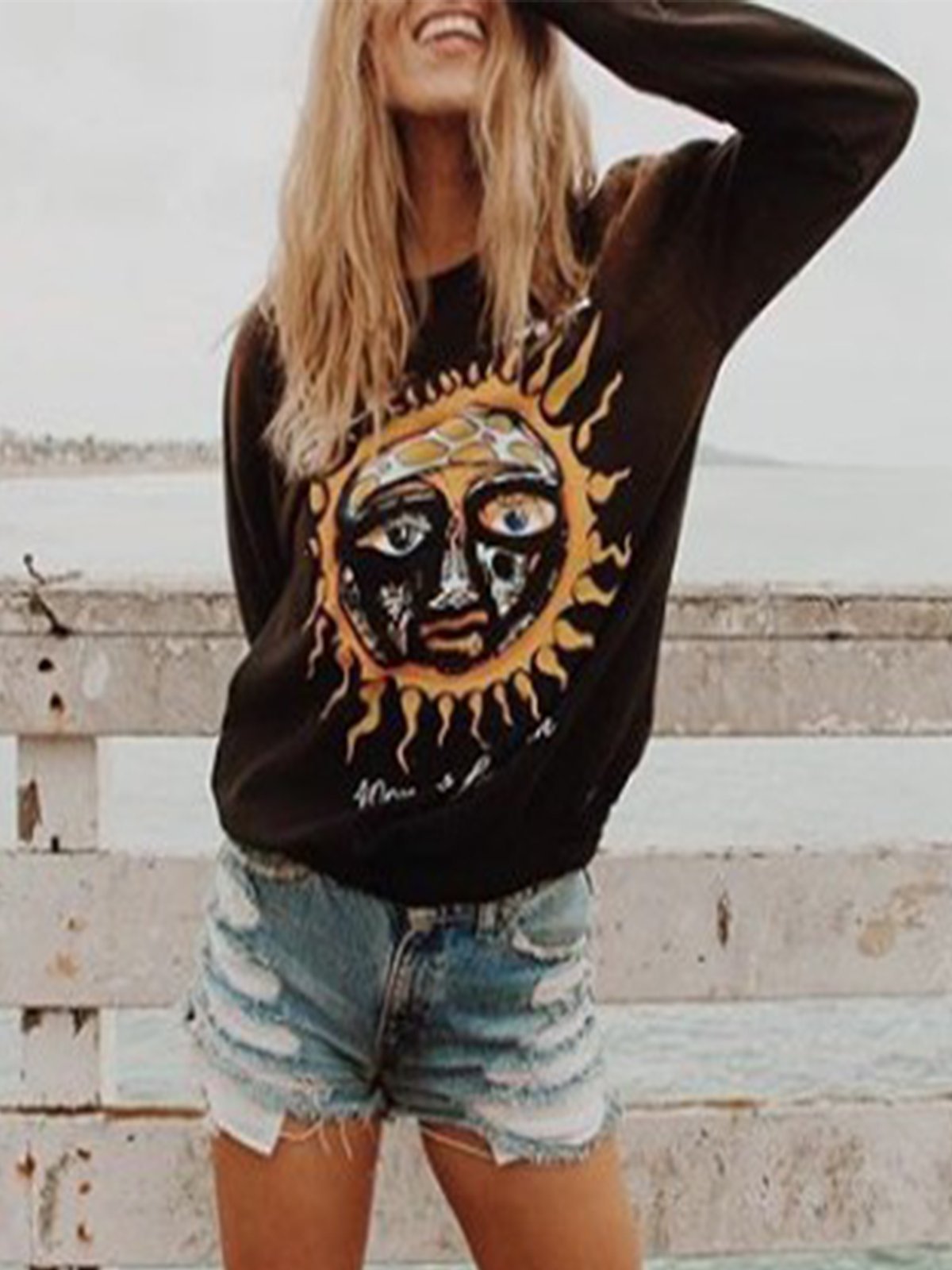 Plus Size Women Long Sleeve Round Neck Vintage Floral Casual Tops