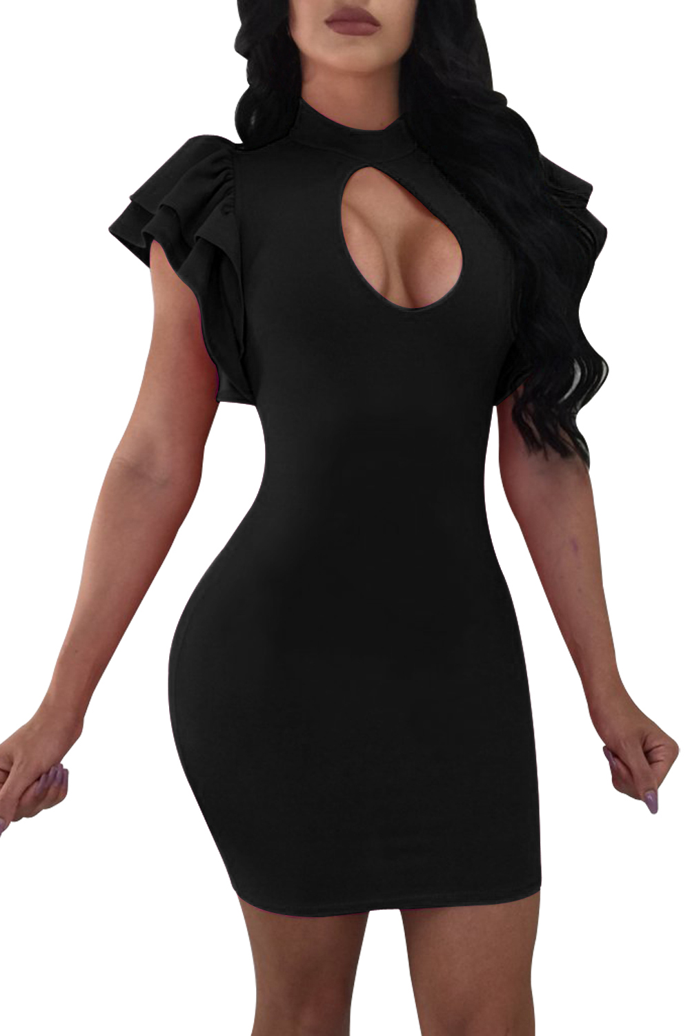 Black Keyhole Front Ruffle Bodycon Party Dress