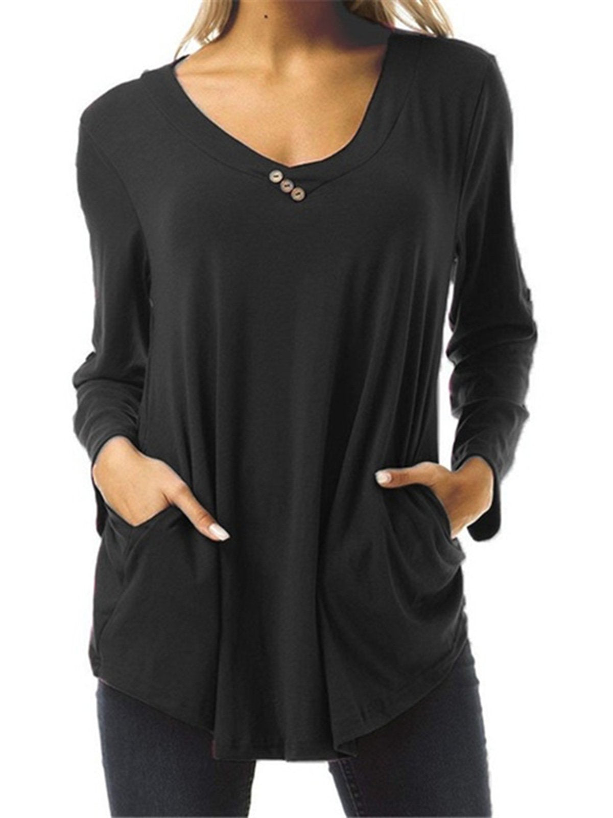 Solid 8 Colors Buttoned Pockets Simple & Basic V Neck Prime T-Shirts