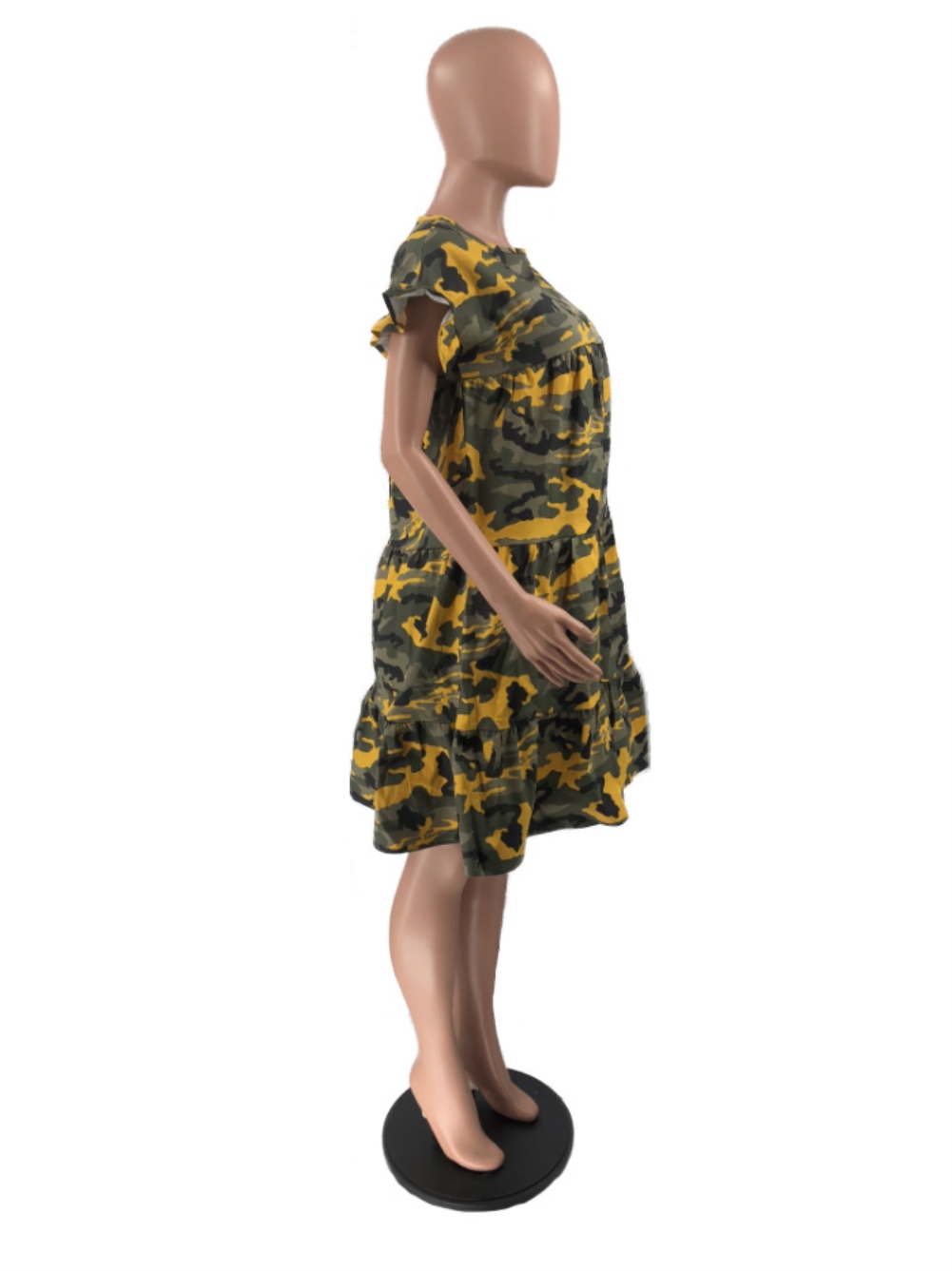 Camou Print A-Line Ruffle Shirt Dress