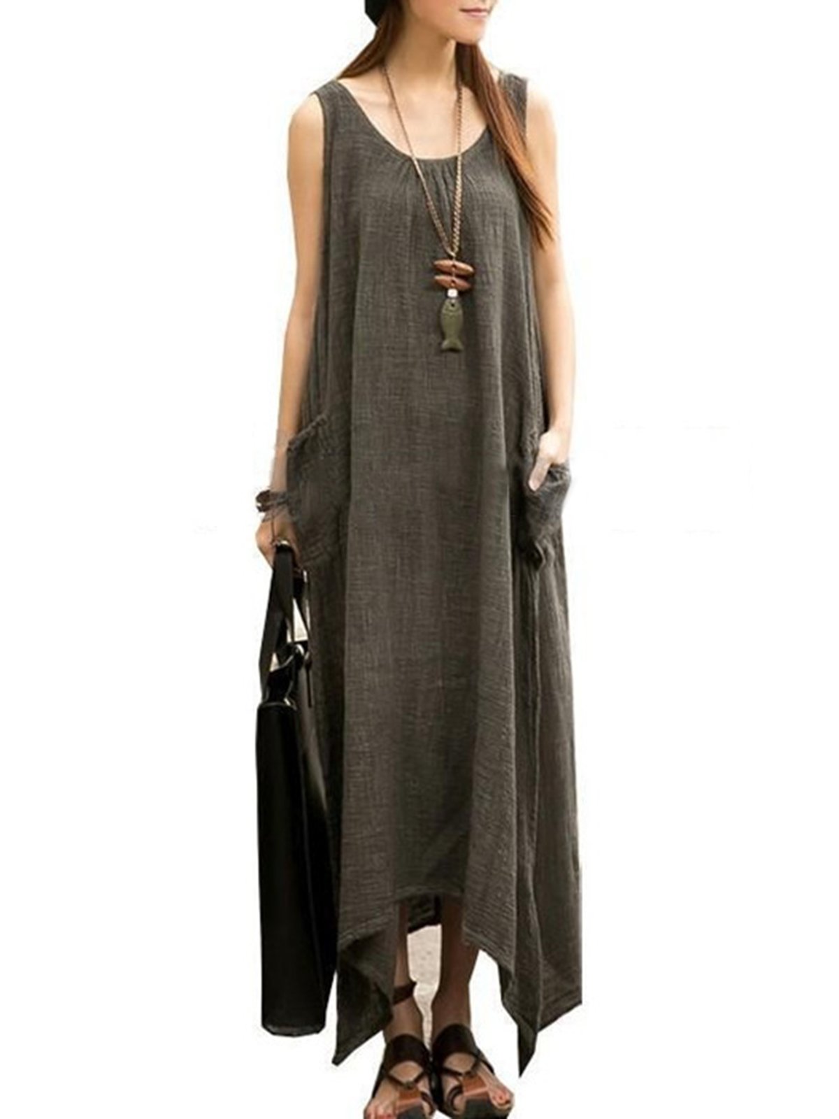 Plus Size Crew Neck Sleeveless Linen Solid Maxi Dress