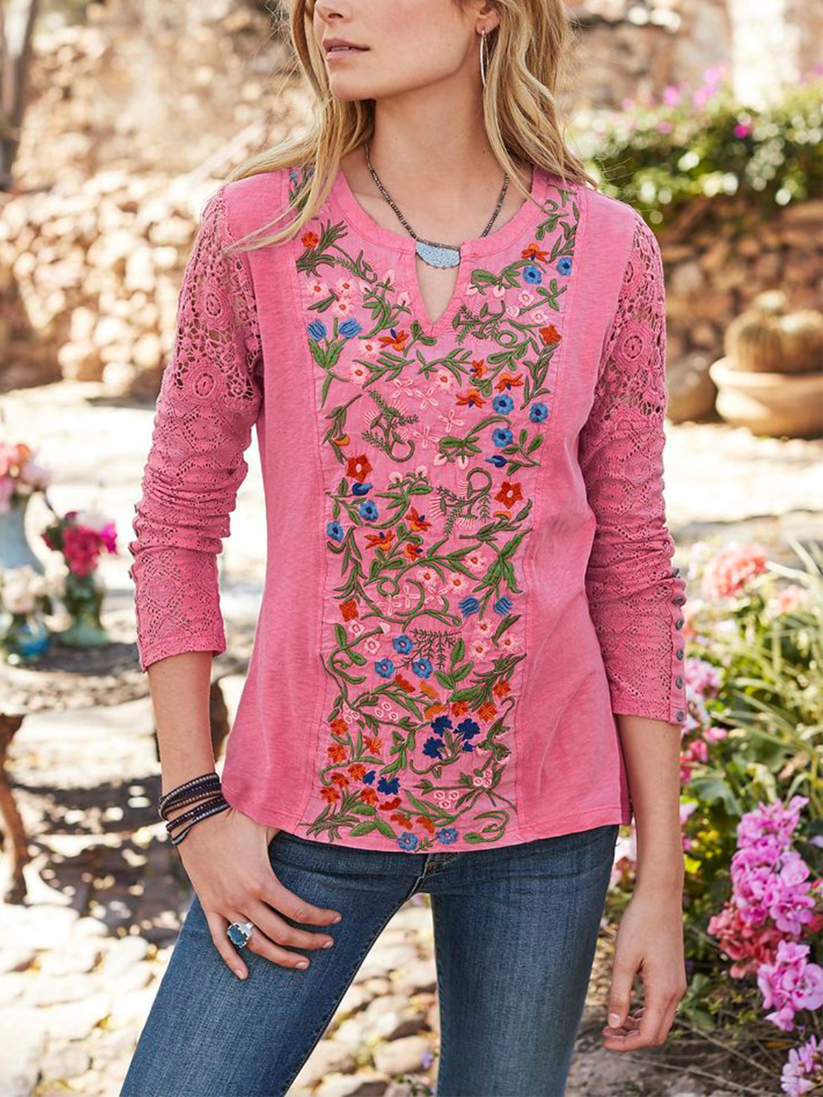 Cotton Guipure Casual Long Sleeve Shirts & Tops