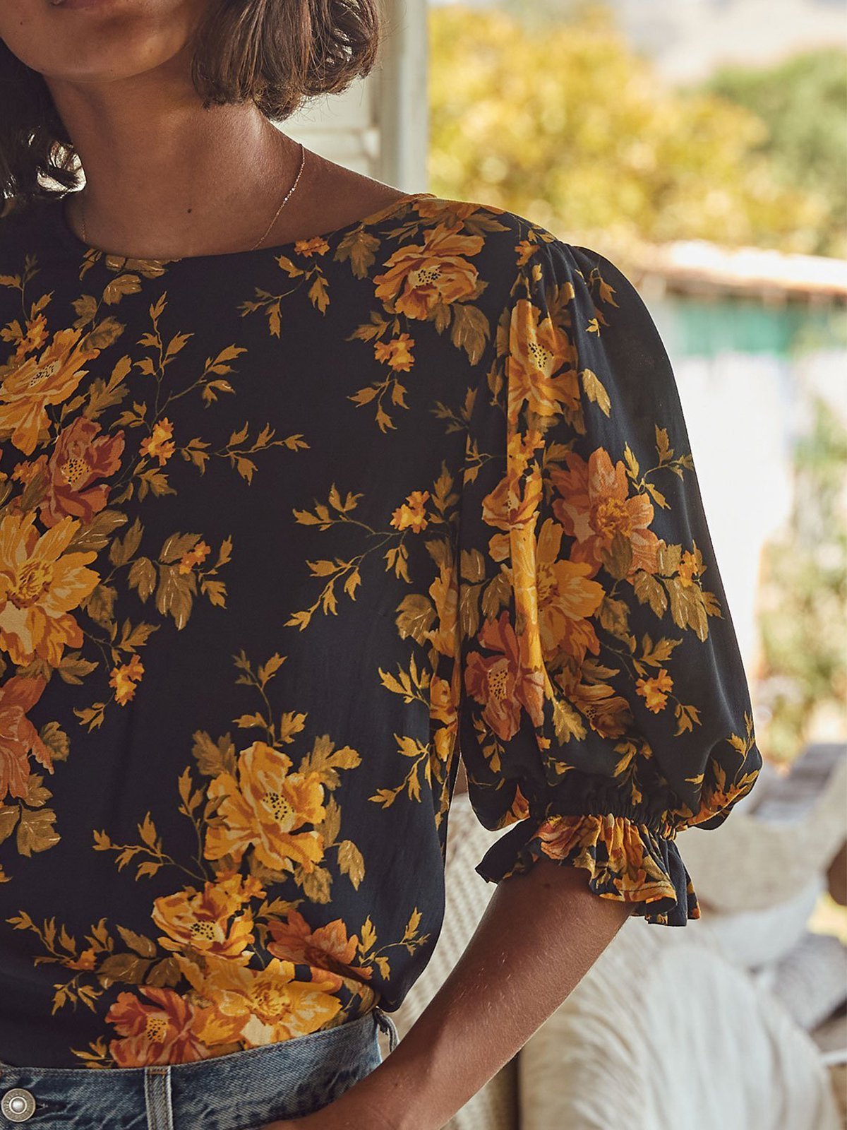 Flower Half Sleeve Shift Shirts & Tops