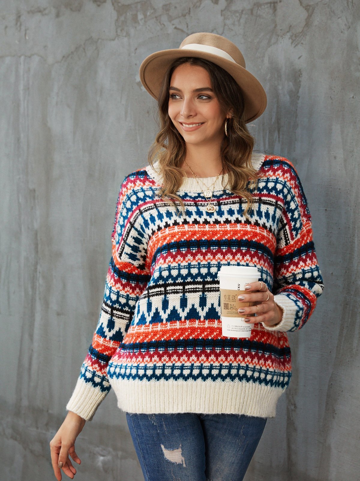 White Casual Tribal Sweater