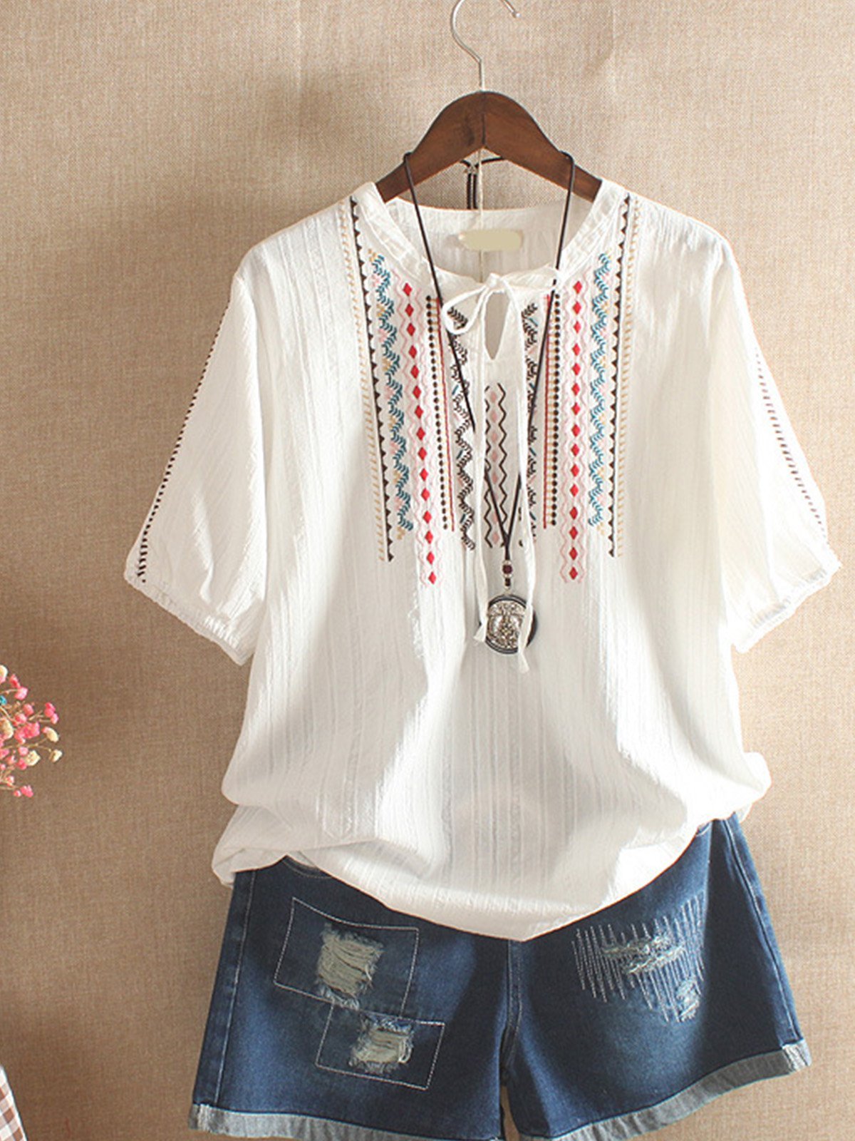 Women Casual Embroidery Tops Tunic Blouse Shirt