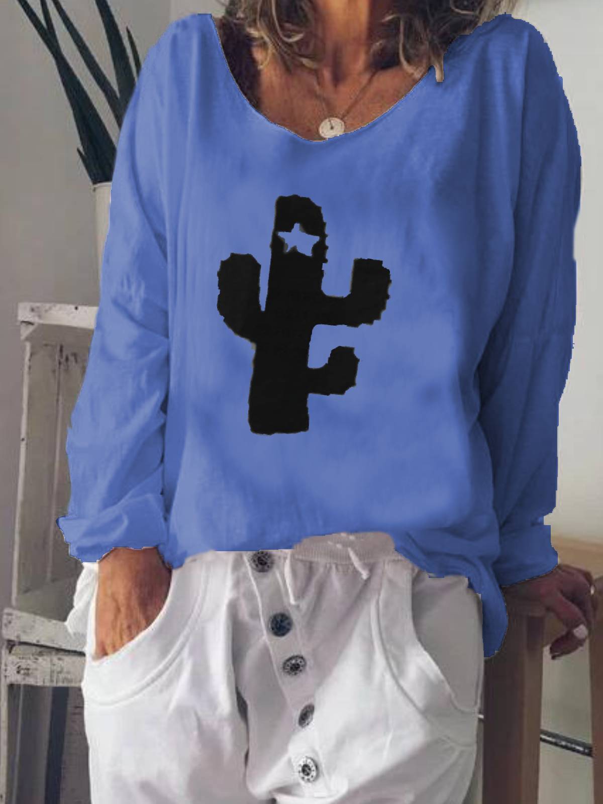 Cotton-Blend Round Neck Long Sleeve Shirts & Tops