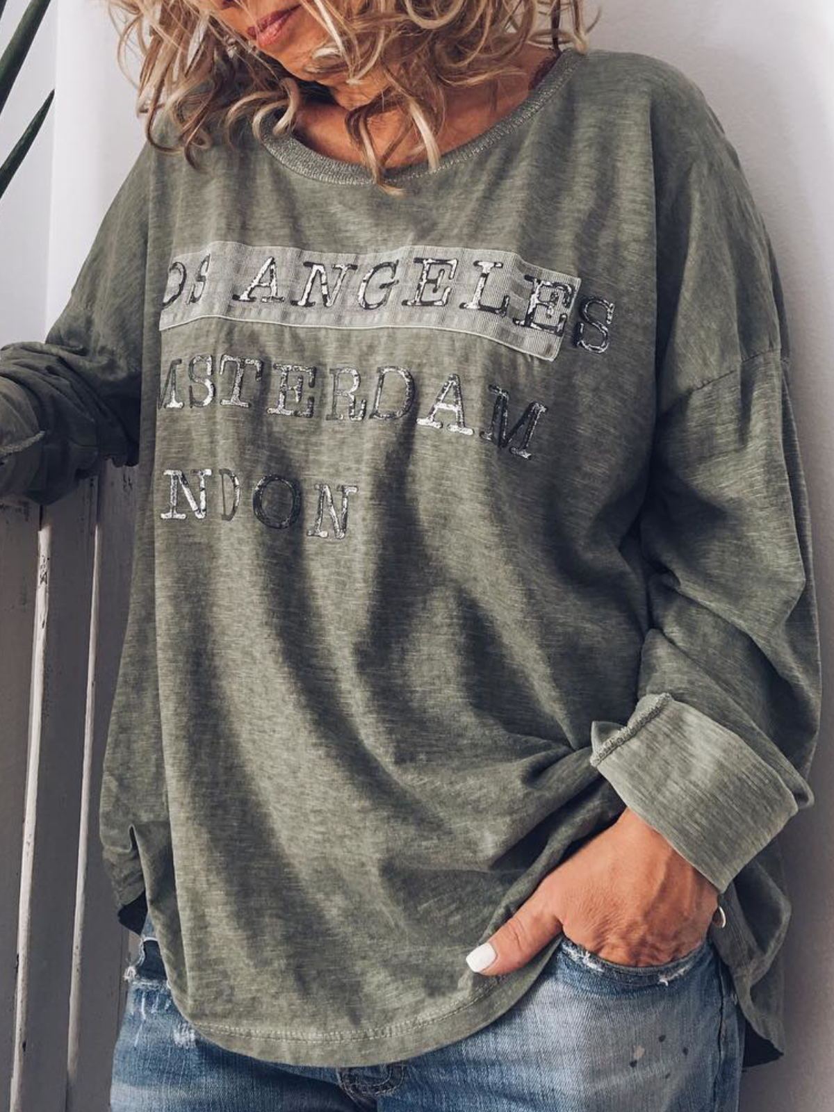 Plus Size Casual Crew Neck Long Sleeve Printed Tops