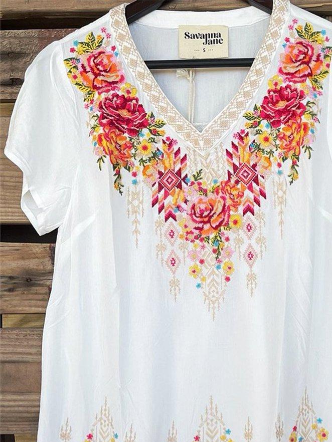 V Neck Cotton-Blend Casual Shirts & Tops