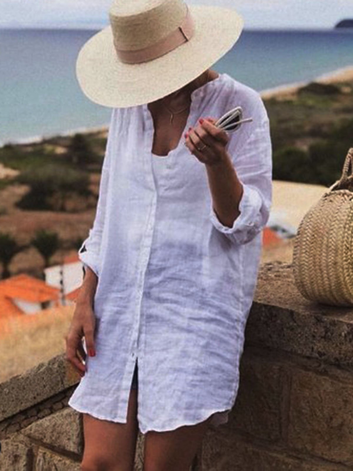 White Cotton-Blend Long Sleeve Plain Shirts & Tops