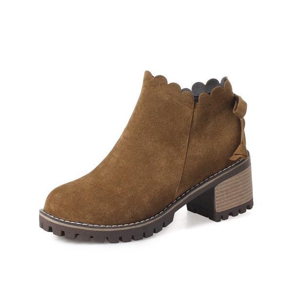 Retro Wave Zipper Block Round Toe Square Heels Platform Boots For Women