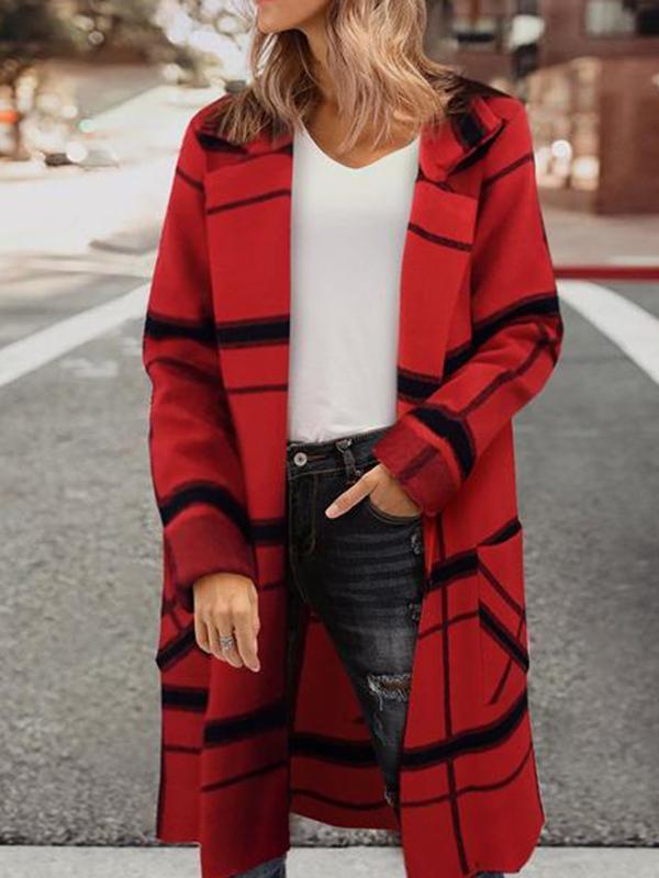 Loose Mid-Length Wool Plaid Knit Cardigan