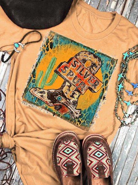 Light Orange Floral-Print Round Neck Short Sleeve Shirts & Tops