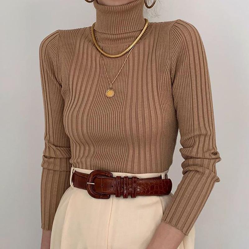 Fashion High Collar Brown Pit Slim Knit Sweater