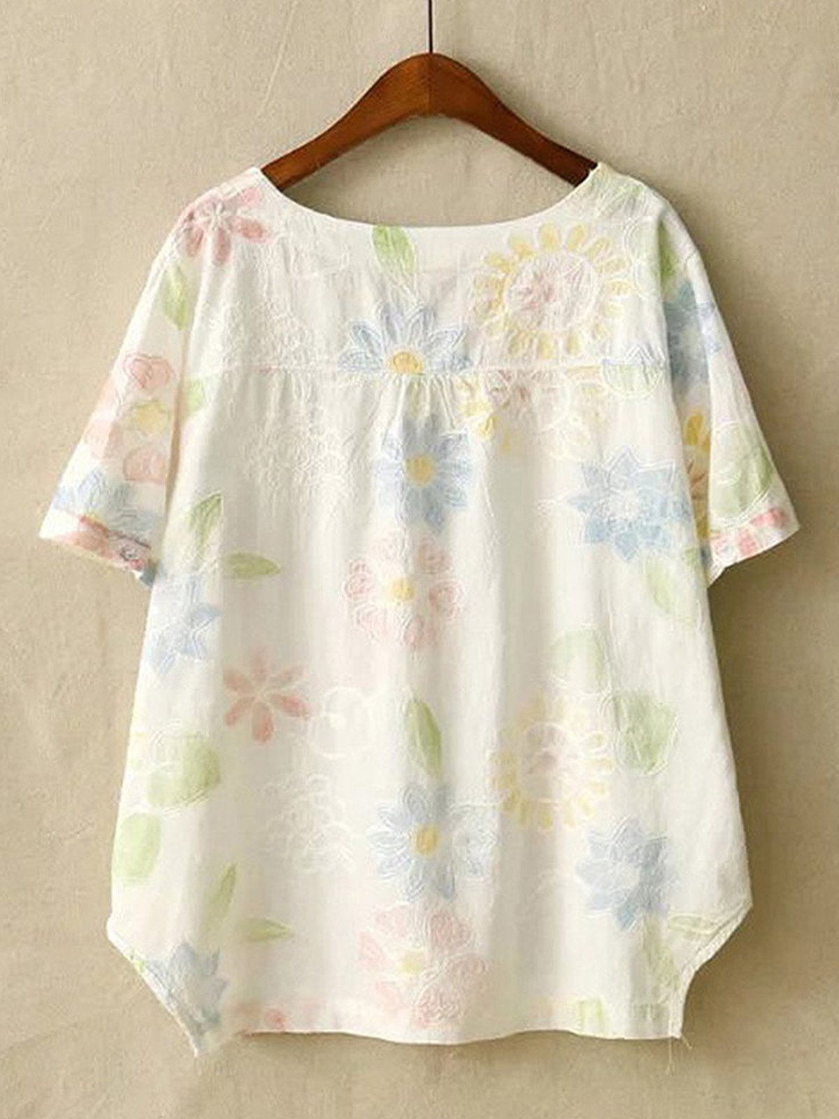 Embroidery Print Floral Short Sleeve Casual T-Shirt