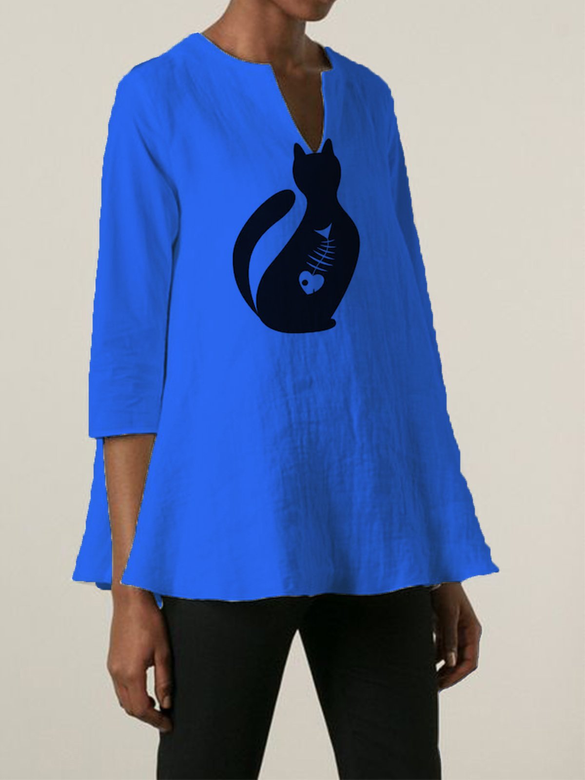 Cat Cartoon 3/4 Sleeve V Neck Casual Shirts & Tops