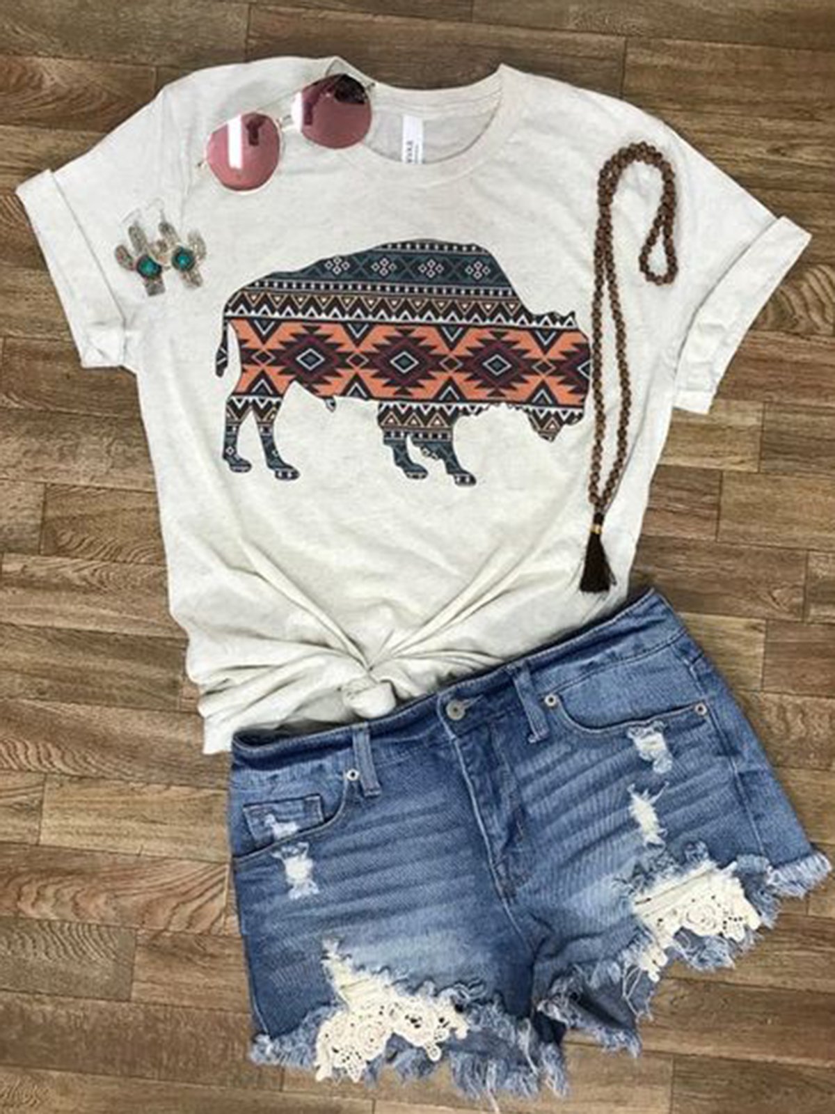 White Jersey Printed Crew Neck Casual Shirts & Tops