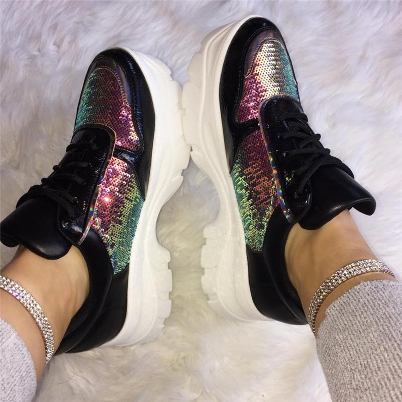 Fashion Paillette Lace-Up Platform Shoes Sneakers