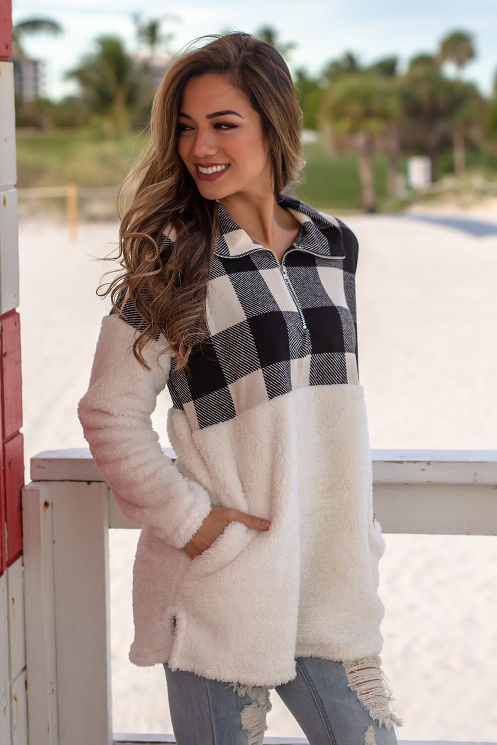 Black Fuzzy Pullover with Plaid Detail
