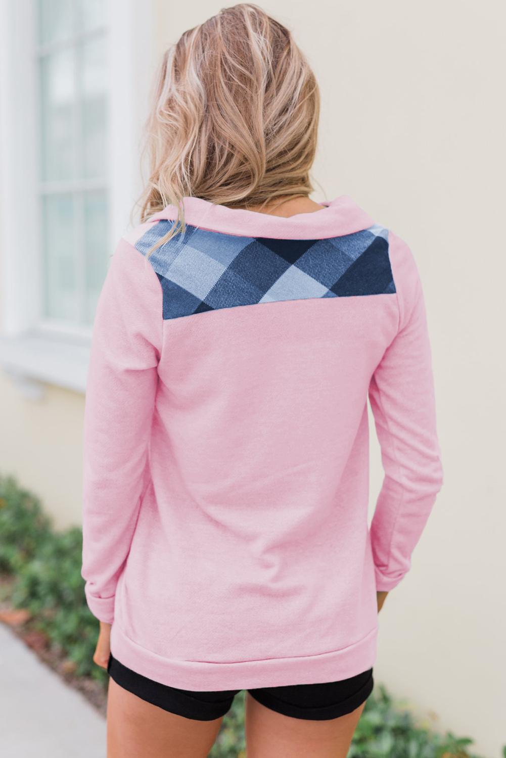 Pink Touch of Plaid Pullover Button Sweatshirt