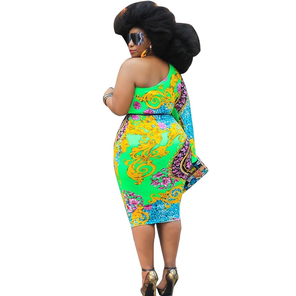 Plus Size Retro One Shoulder Midi Dress with Wide Cuff