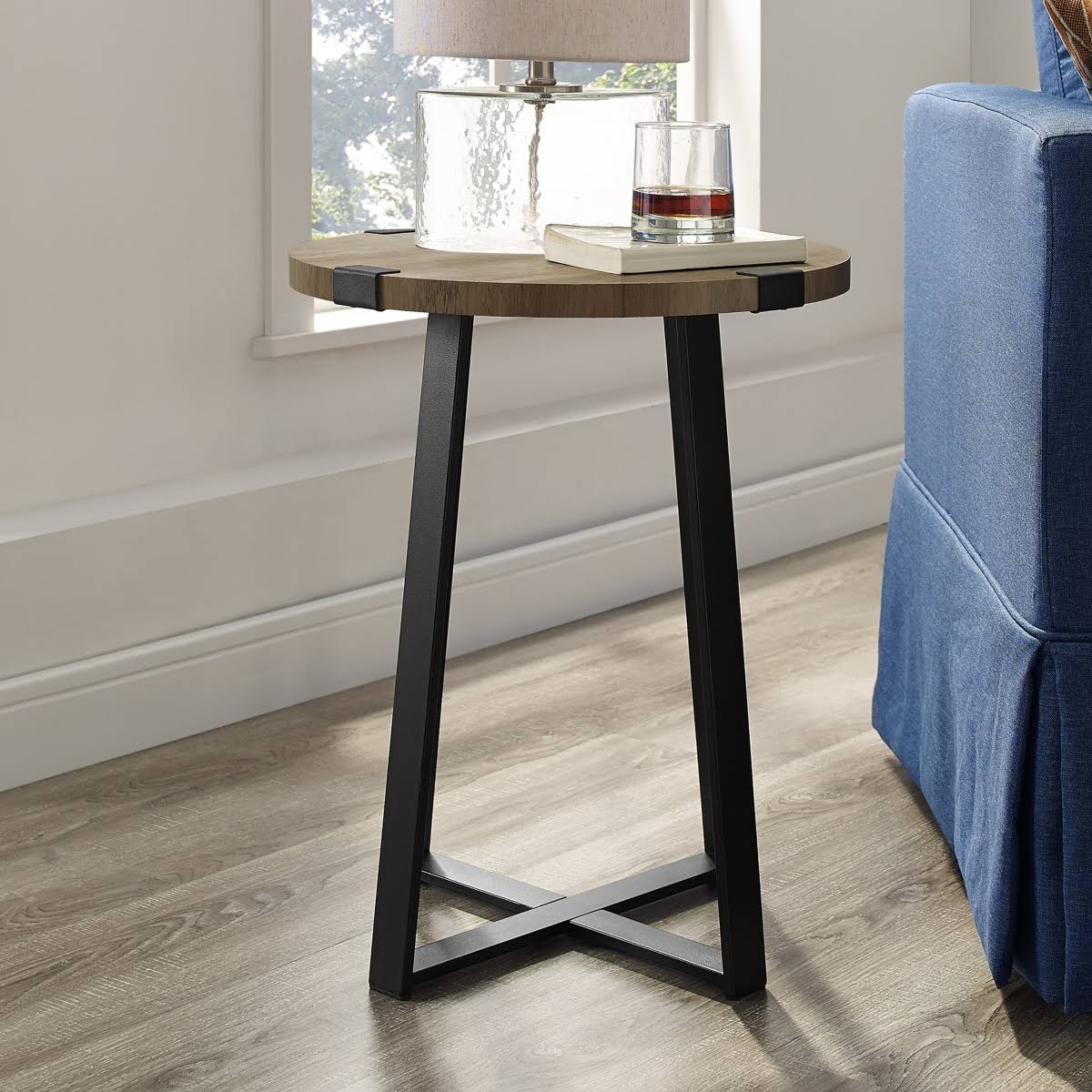 18x22 Metal Wrap Round Side Table - Rustic Oak - Rustic Oak