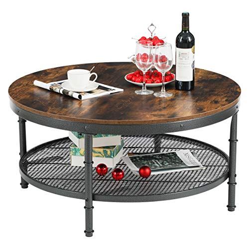 35.8” Round Coffee Table w/ Storage Open Shelf & Metal Legs for Living Room