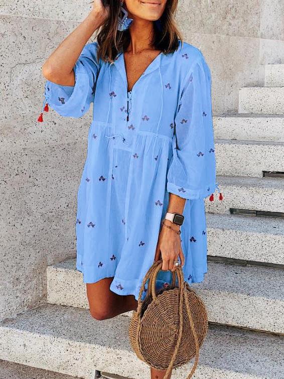 Plus Size Casual V Neck 3/4 Sleeve Printed Dresses