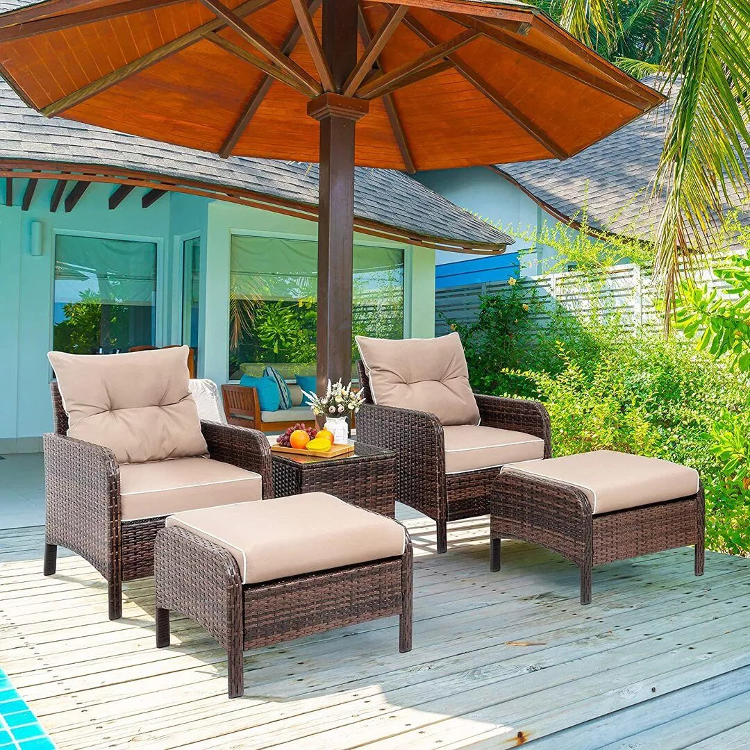 5 PIECE WICKER PATIO FURNITURE SET, CUSHIONED PATIO CHAIRS SET OF 2 W/OTTOMAN&TABLE