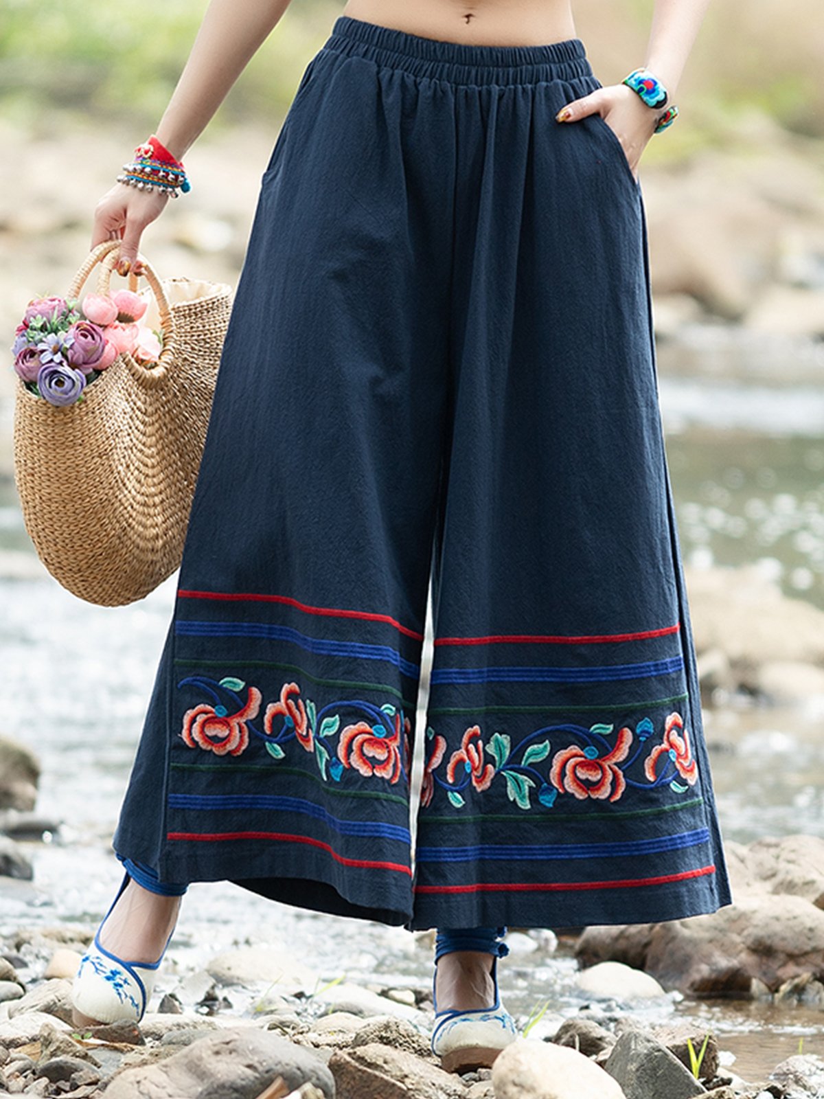 Cotton And Linen Embroidered Wide Leg Pants With Pockets