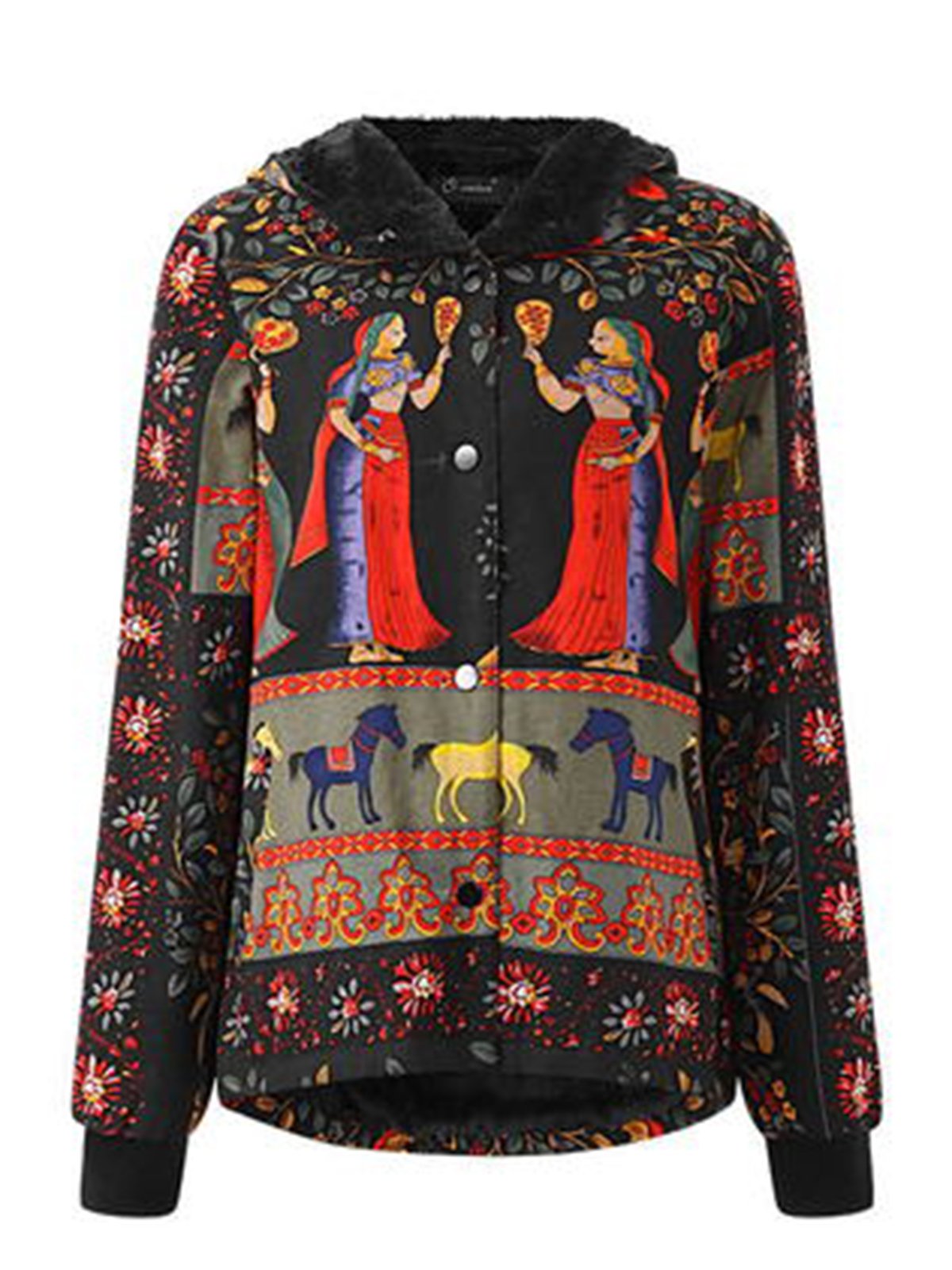 Fleece-lined Tribal Printed Long Sleeve Hoodie Coat