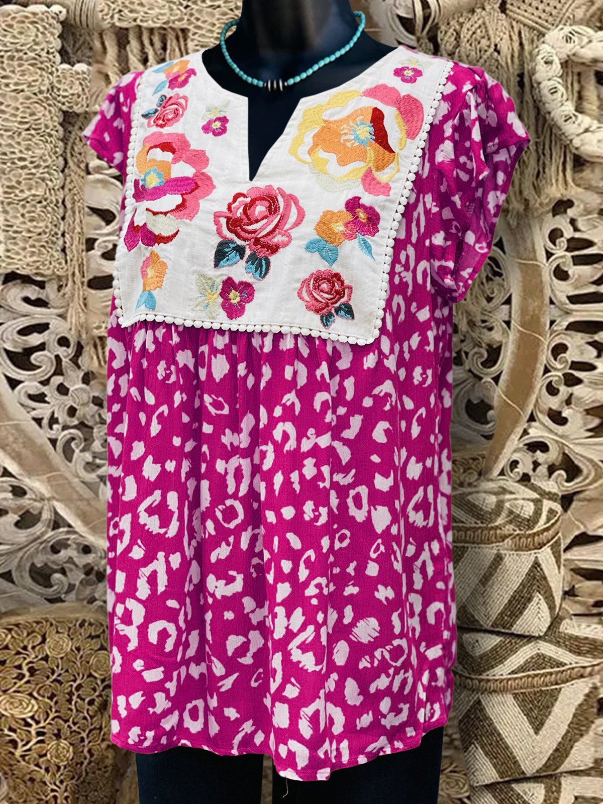 Boho Floral Short Sleeve Shift Shirts & Tops