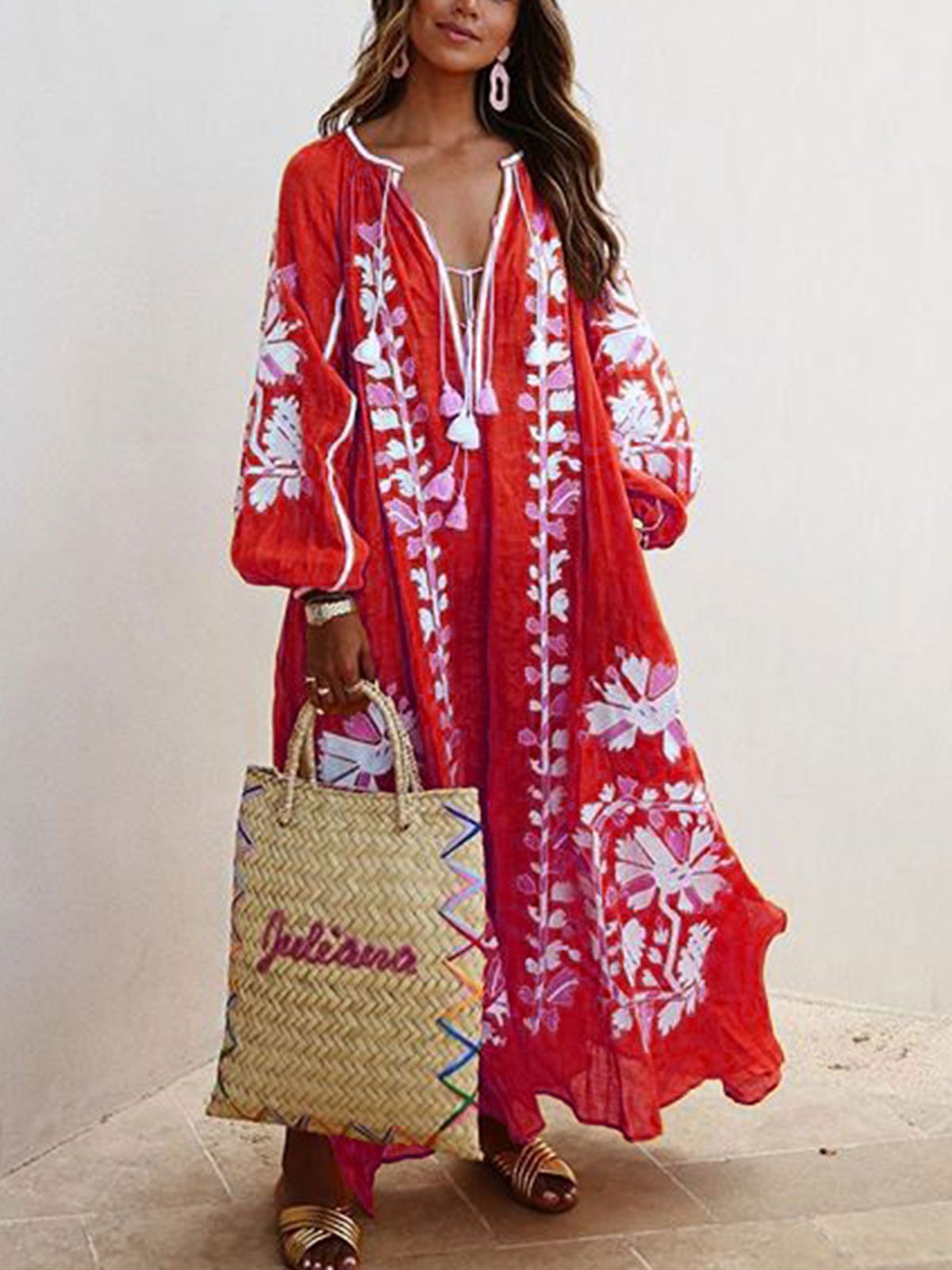Women Printed Boho Casual Dress V Neck Holiday Maxi Dresses
