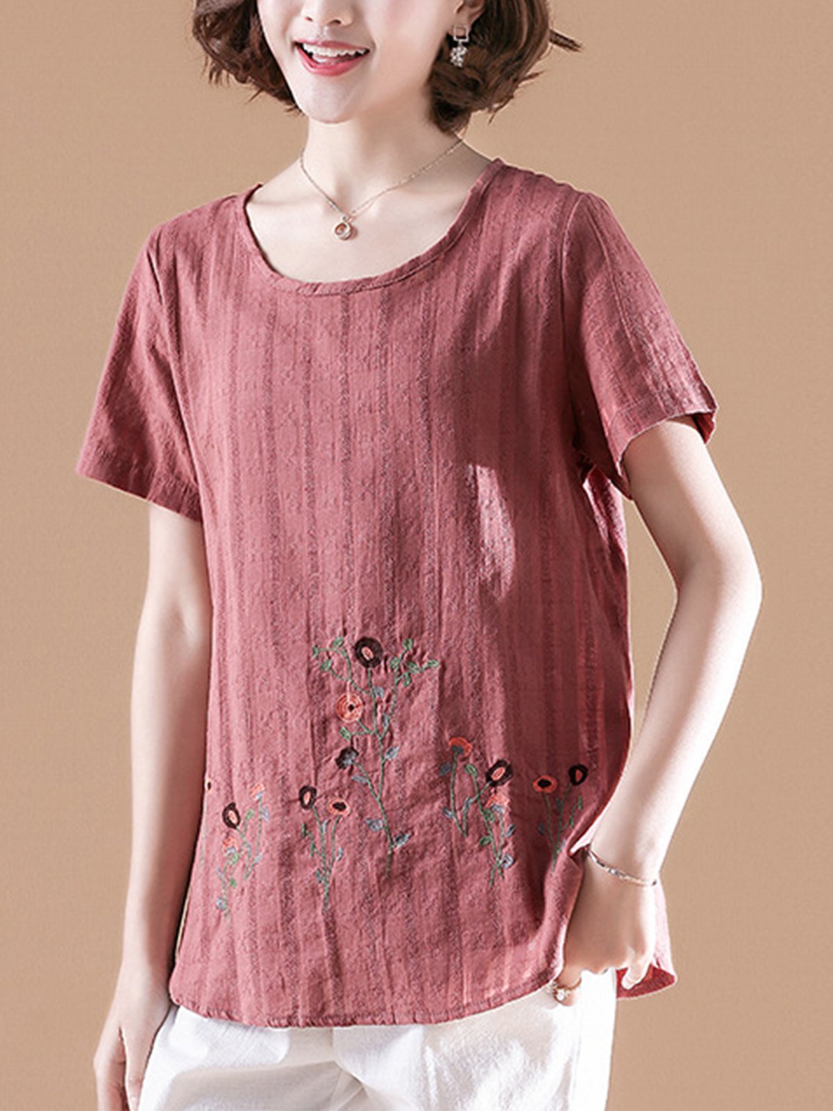 Embroidered Short Sleeve Cotton-Blend Shirts & Tops