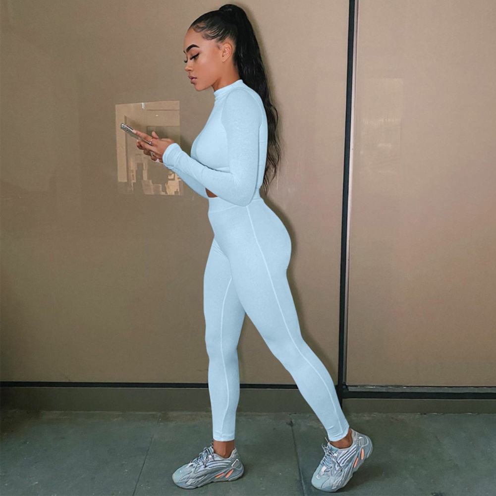 Fall Two Piece Plain Bodycon Crop Top and Pants Set