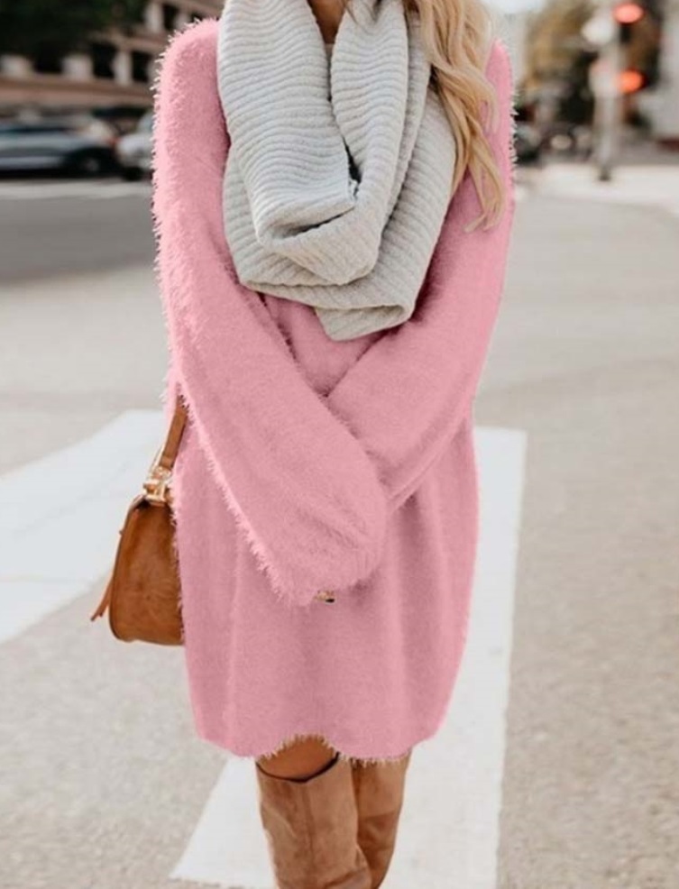 Solid Color O-Neck Long Sleeve Plush Dress