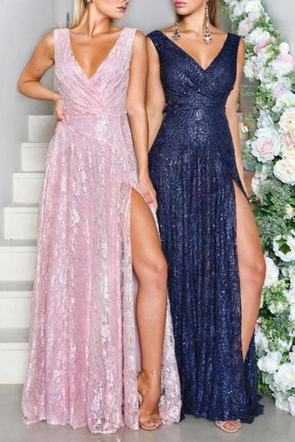 Sexy Deep V Sleeveless Slit Evening Dress