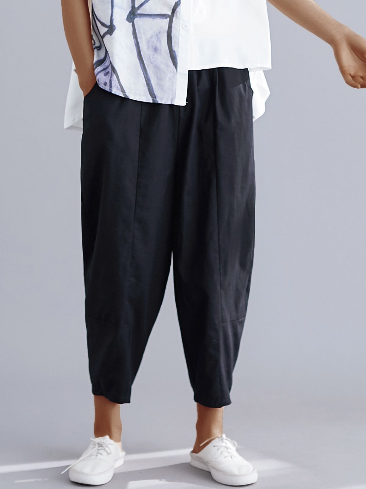 Plus Size Women Solid Cotton Loose Casual Harem Cropped Pants