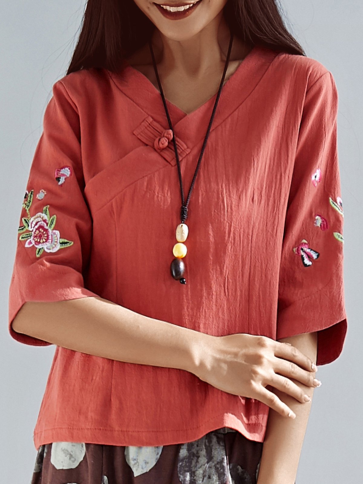 Plus Size Women Buckle 3/4 Sleeves  V-neck Loose Casual Cotton Tops