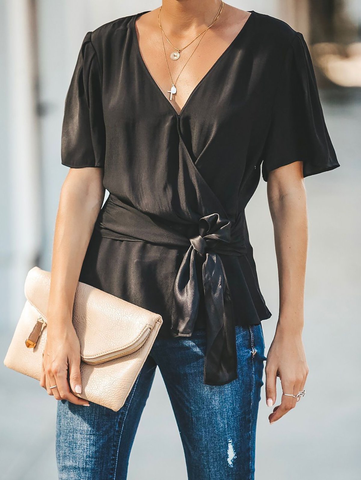 Bow Short Sleeve Sweet Blouses Solid Shirts