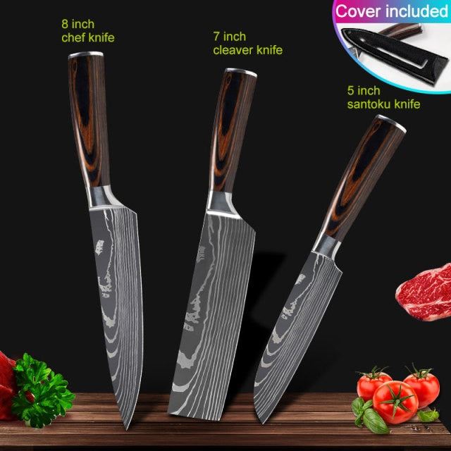 Kitchen knives Set Professional Chef Knives Stainless Steel Imitation Damascus Pattern Santoku Cleaver Slicing Utility Knives