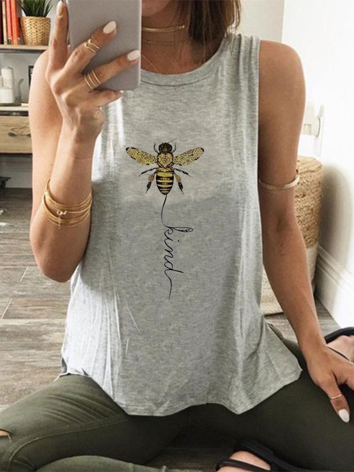 Casual everyday basic simple sleeveless print T-shirt