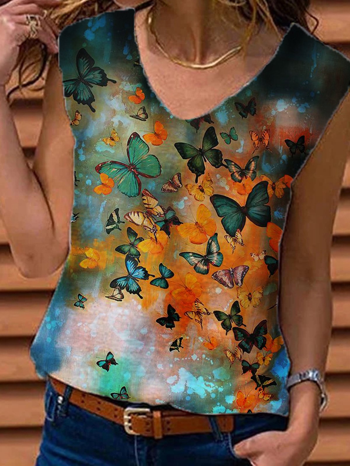 Butterfly Sleeveless V Neck Vintage Shirts & Tops