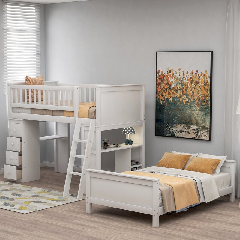 Ethaniel Twin Over Twin 4 Drawer Solid Wood L-Shaped Bunk Beds with Bookcase by Harriet Bee