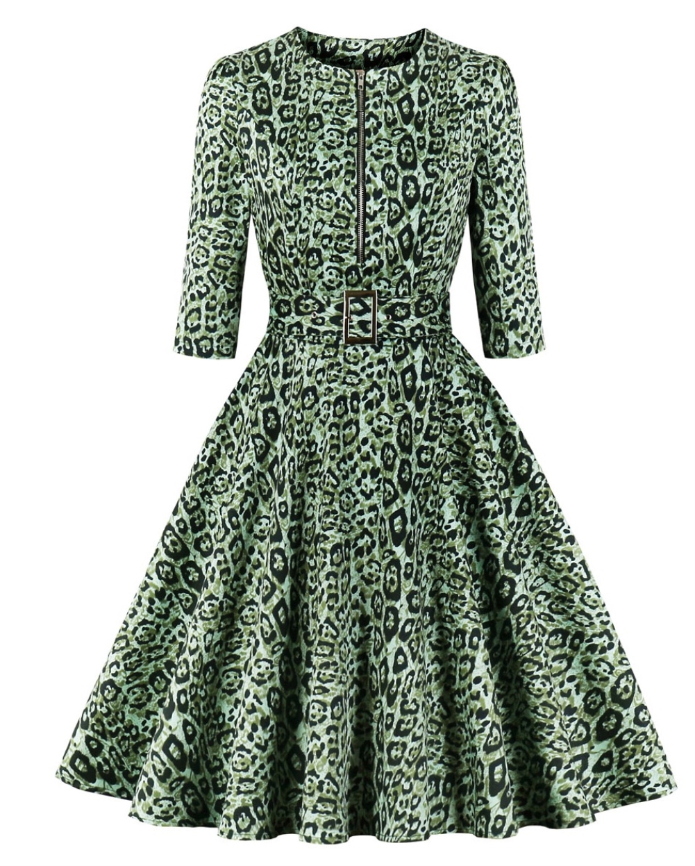 Autumn Leopard Zipper Vintage Skater Dress with Belt