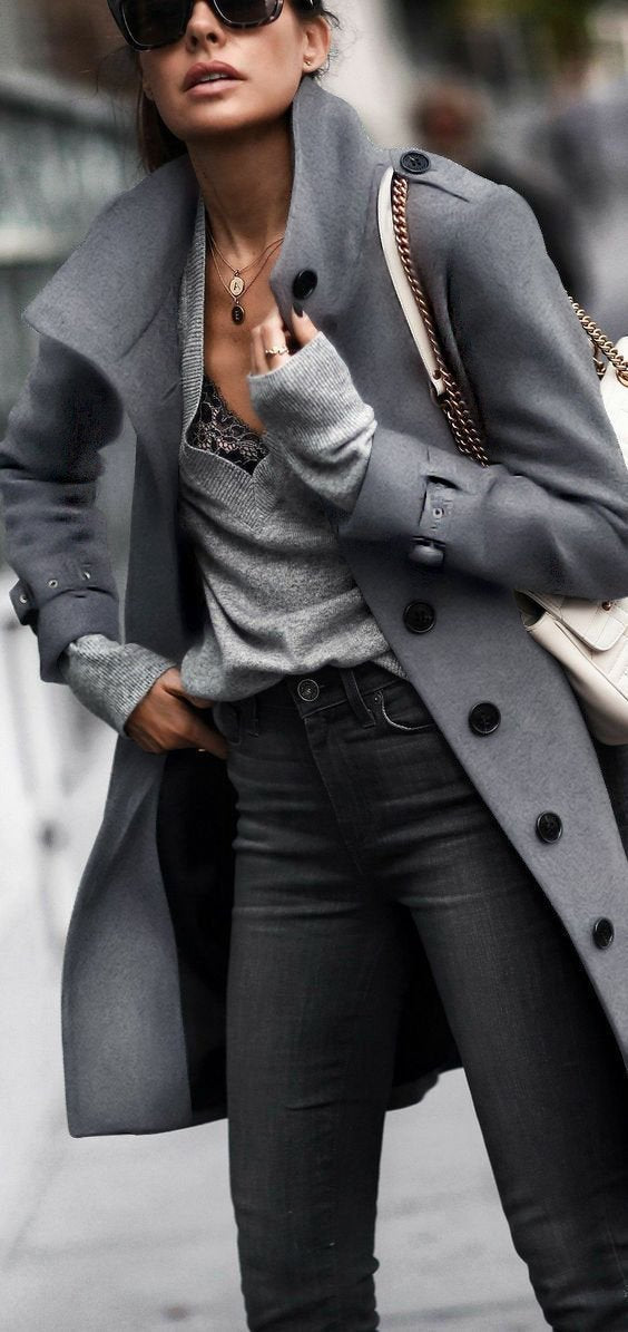 Fashion Pure Colour   Long Sleeve Coat