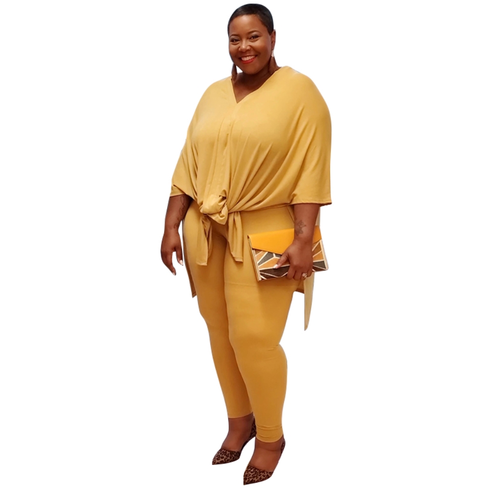 Plus Size Casual Plain Two Piece Pants Set
