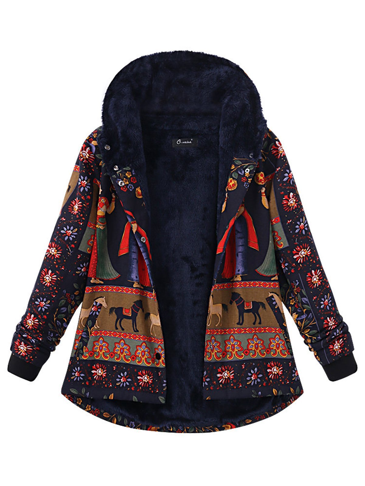 Fleece-lined Long Sleeve Hoodie Printed  Coat
