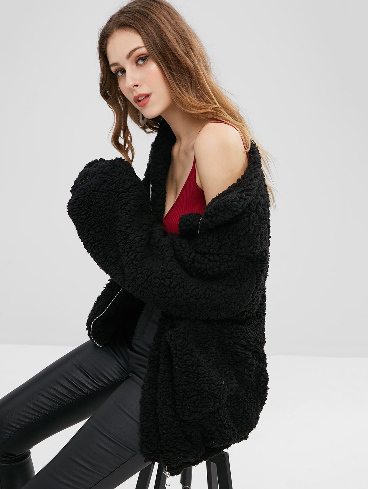 Slip Pockets Faux Fur Coat - Black