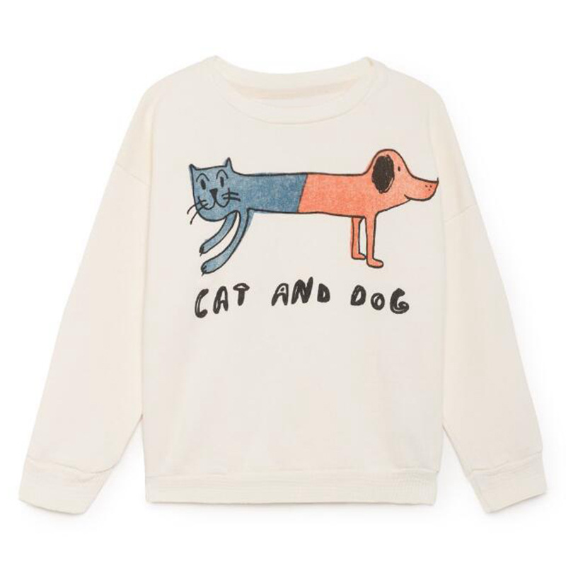 Toddler Girl White Print Cat and Dog Long Sleeve Sweatshirt